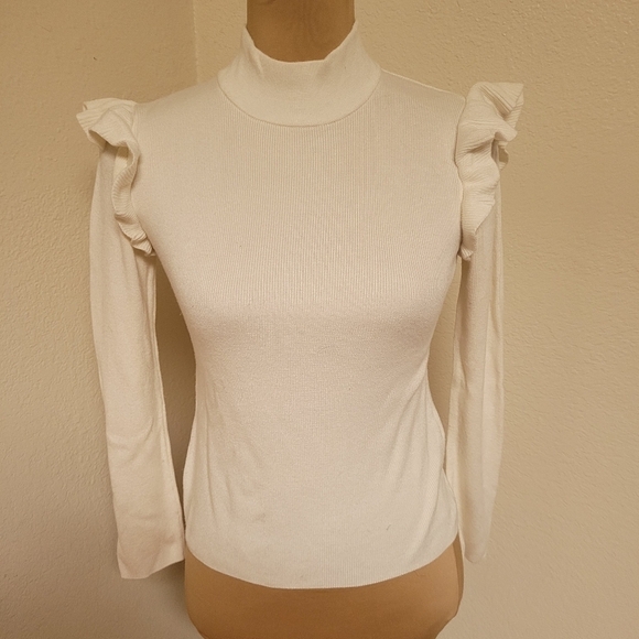 Avec Les Filles Cream Mock Neck Sweater With Ruffles - Picture 1 of 5